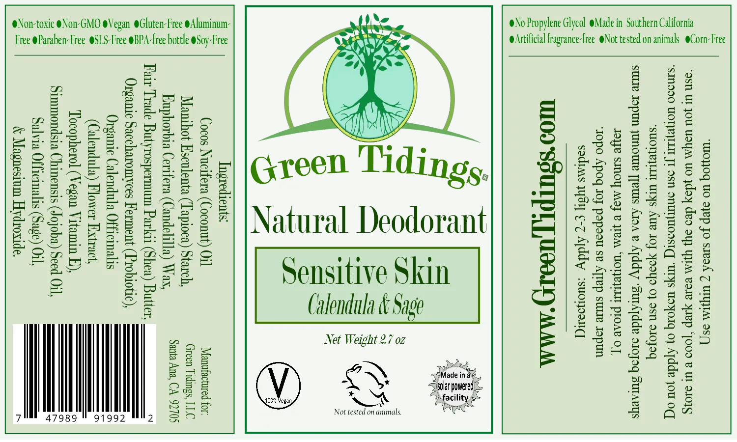 3 PACK (15% OFF) (1 Ounce) Sensitive Skin Natural Deodorant, Calendula & Sage (No Baking Soda)