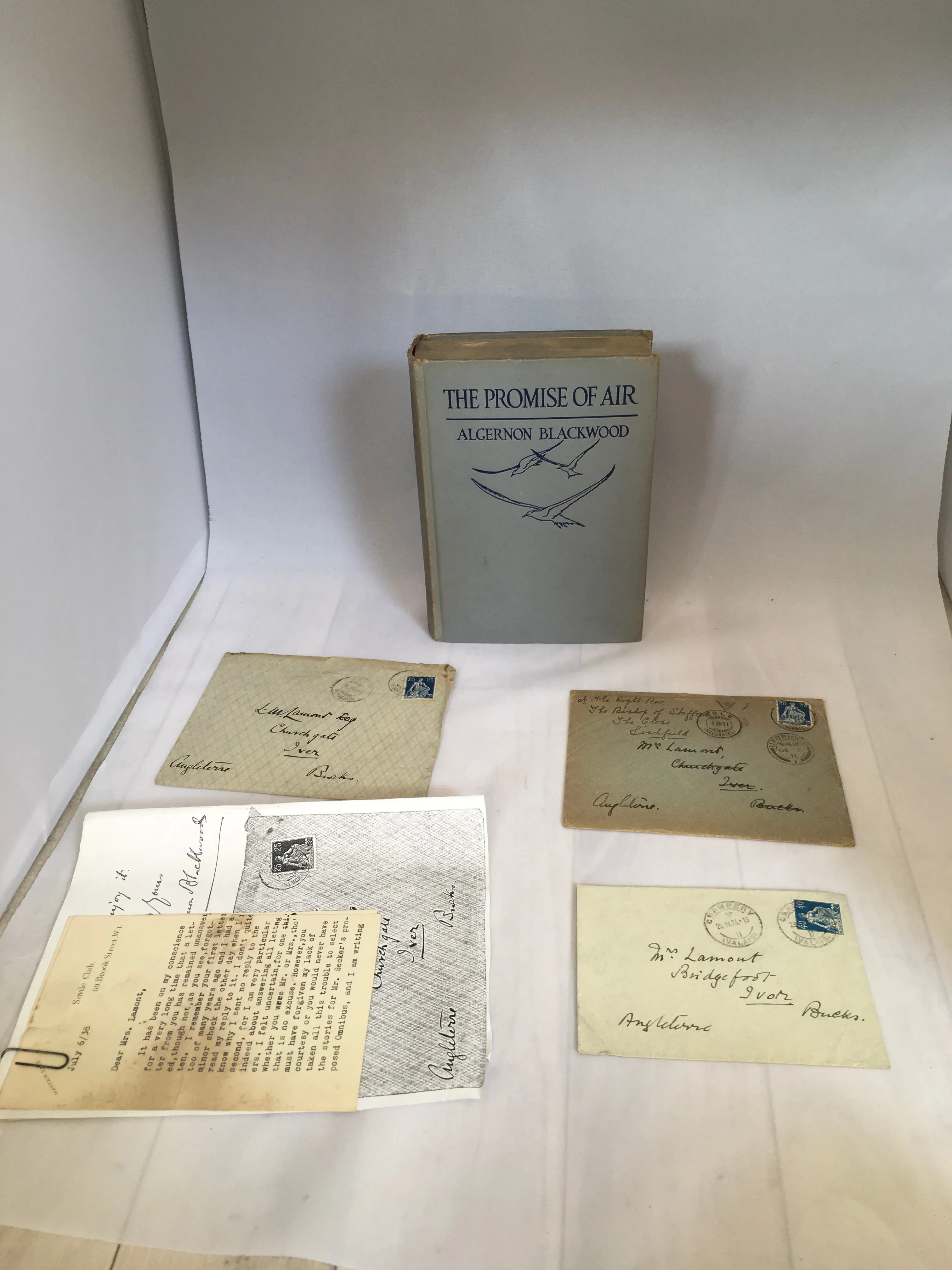 Algernon Blackwood - The Promise of Air, E. P. Dutton & Co, January 1938, intro by Zona Gale, Signed by Author and with Letters