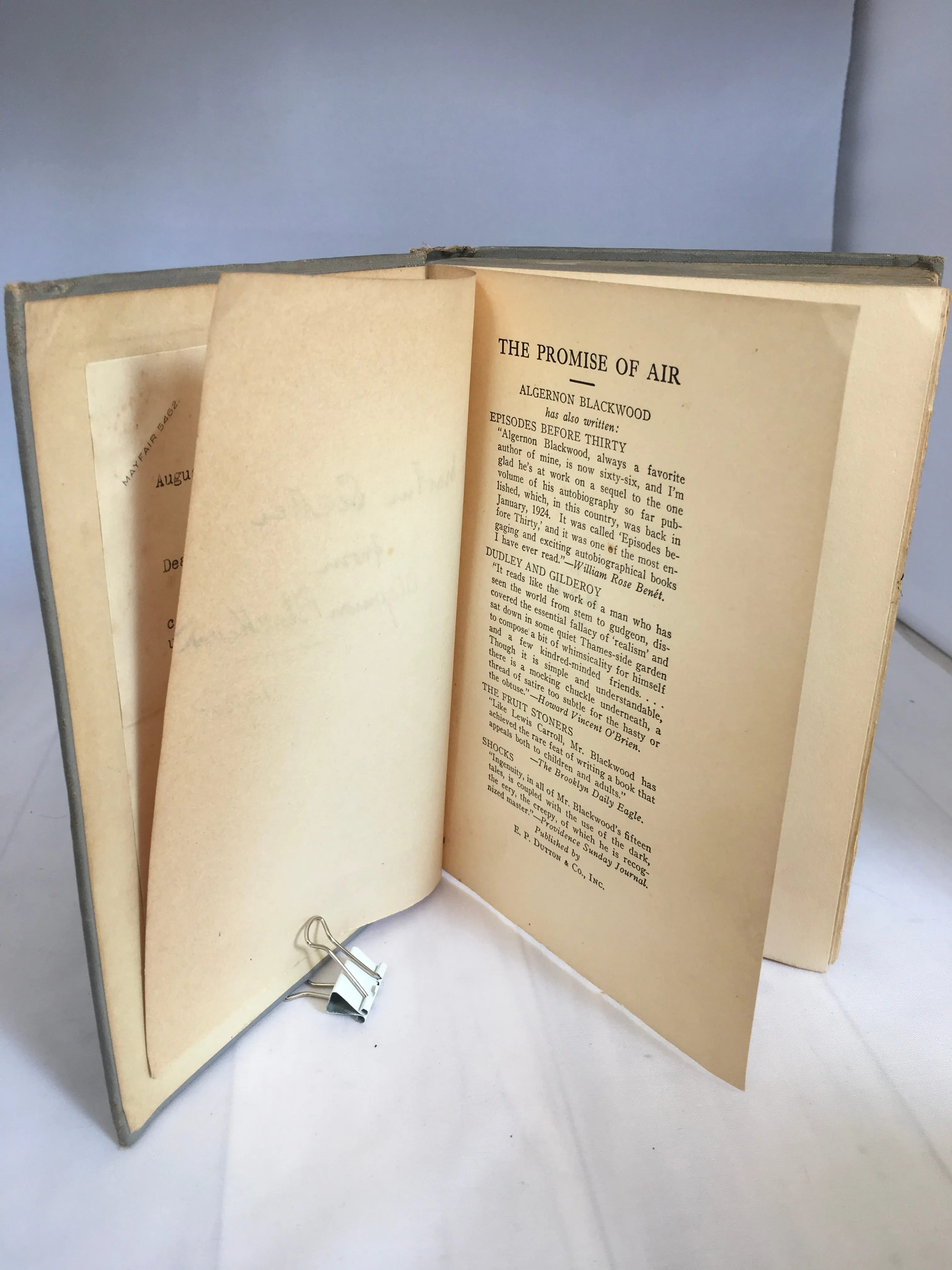 Algernon Blackwood - The Promise of Air, E. P. Dutton & Co, January 1938, intro by Zona Gale, Signed by Author and with Letters