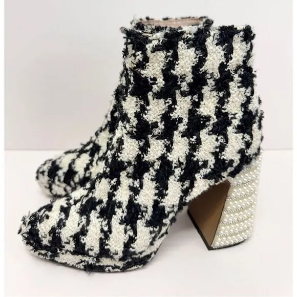 Betsey Johnson Houndstooth Boots Size 5 Black White Embellished Block Heel NEW