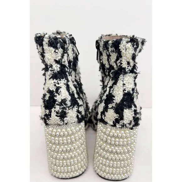 Betsey Johnson Houndstooth Boots Size 5 Black White Embellished Block Heel NEW