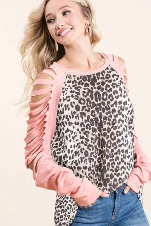 BiBi Leopard Thermal Top with Tie Dye Laser Cut Sleeves