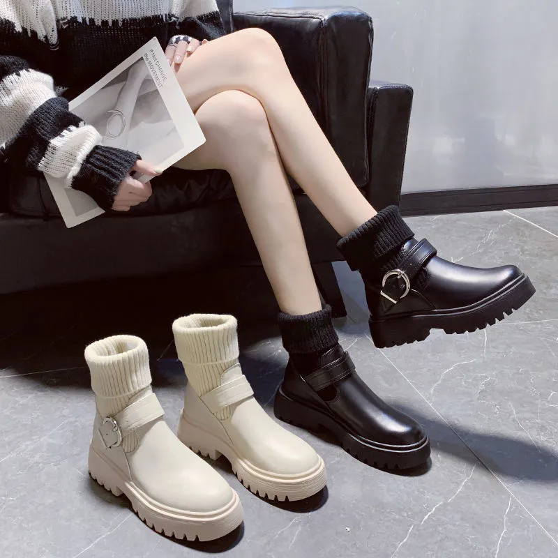 Black Platform Leather Ankle Sock Boots High Top Waterproof