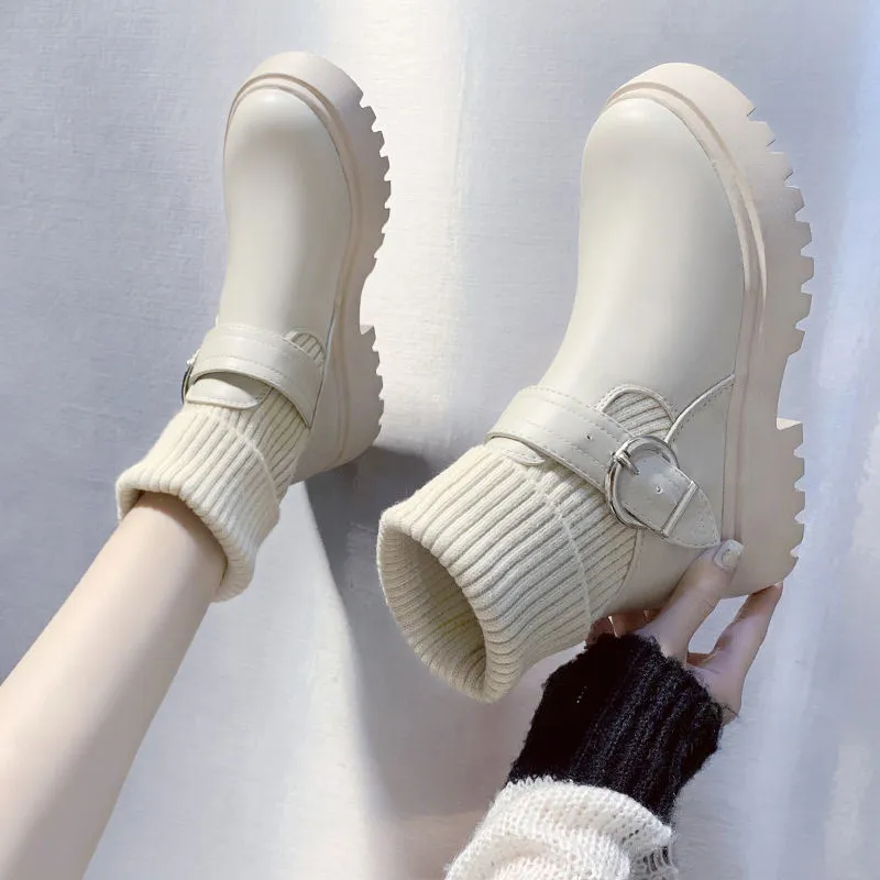 Black Platform Leather Ankle Sock Boots High Top Waterproof