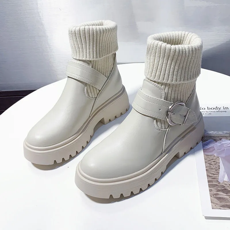 Black Platform Leather Ankle Sock Boots High Top Waterproof
