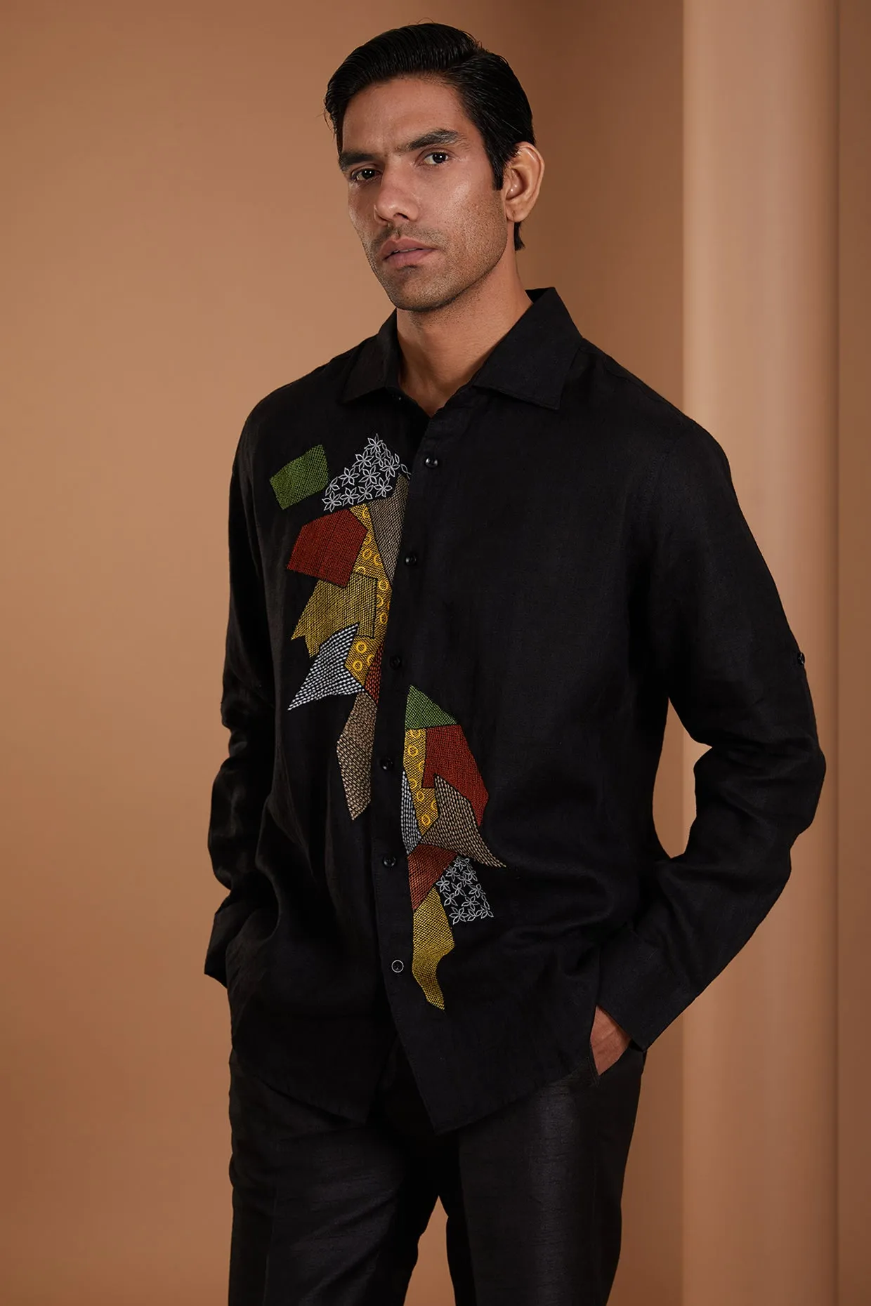 Black Pure Linen Embroidered Shirt- MW222168
