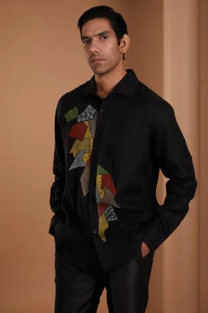 Black Pure Linen Embroidered Shirt- MW222168
