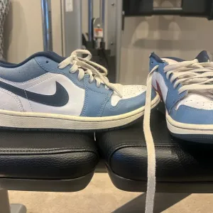 Blue and White Sneakers with Swoosh Logo