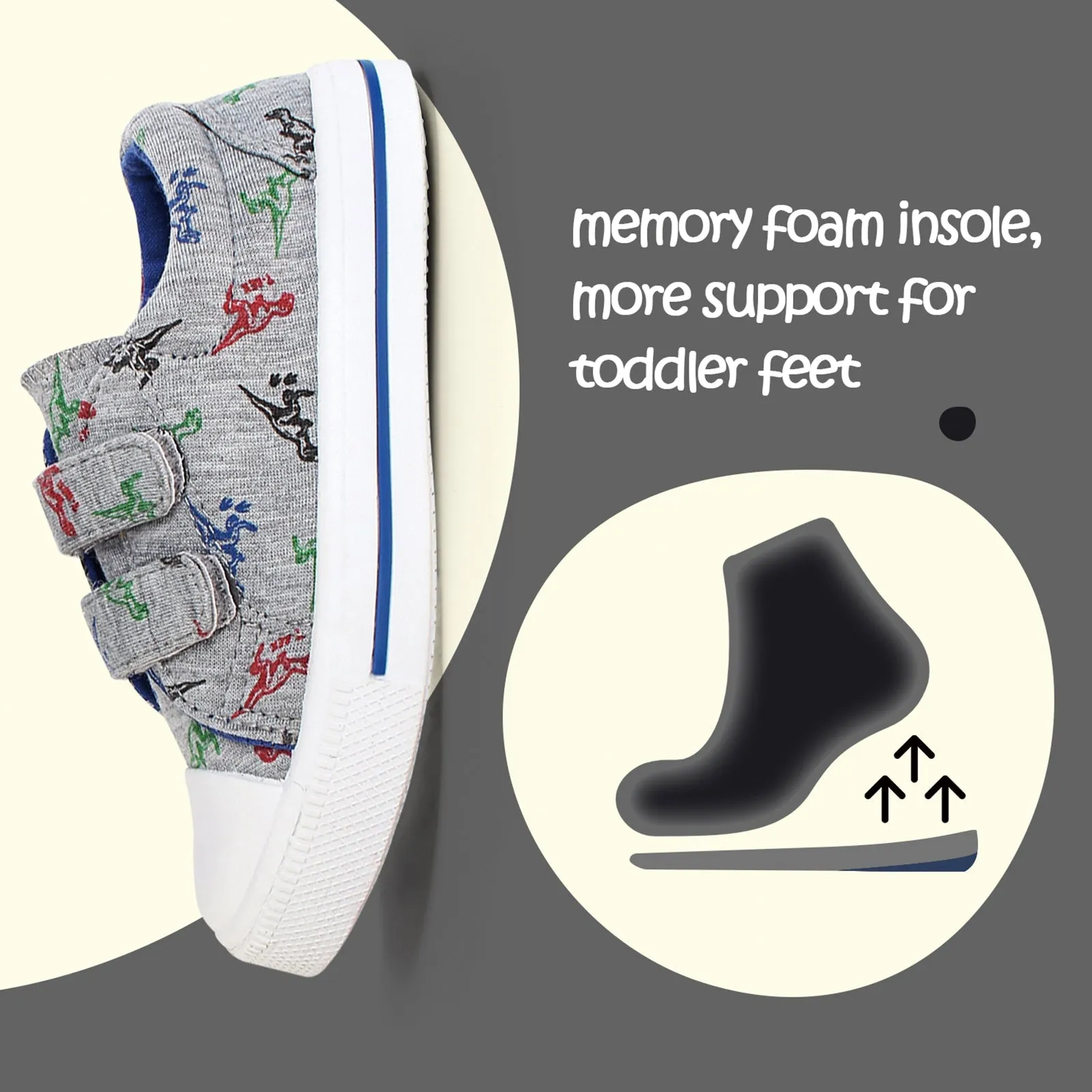 Cartoon Dinosaur Double Velcro Gray Canvas Sneakers