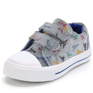 Cartoon Dinosaur Double Velcro Gray Canvas Sneakers