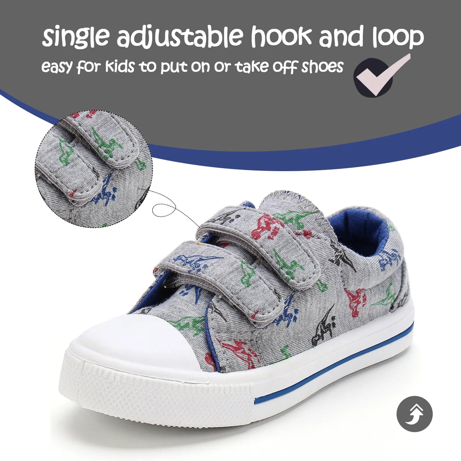 Cartoon Dinosaur Double Velcro Gray Canvas Sneakers