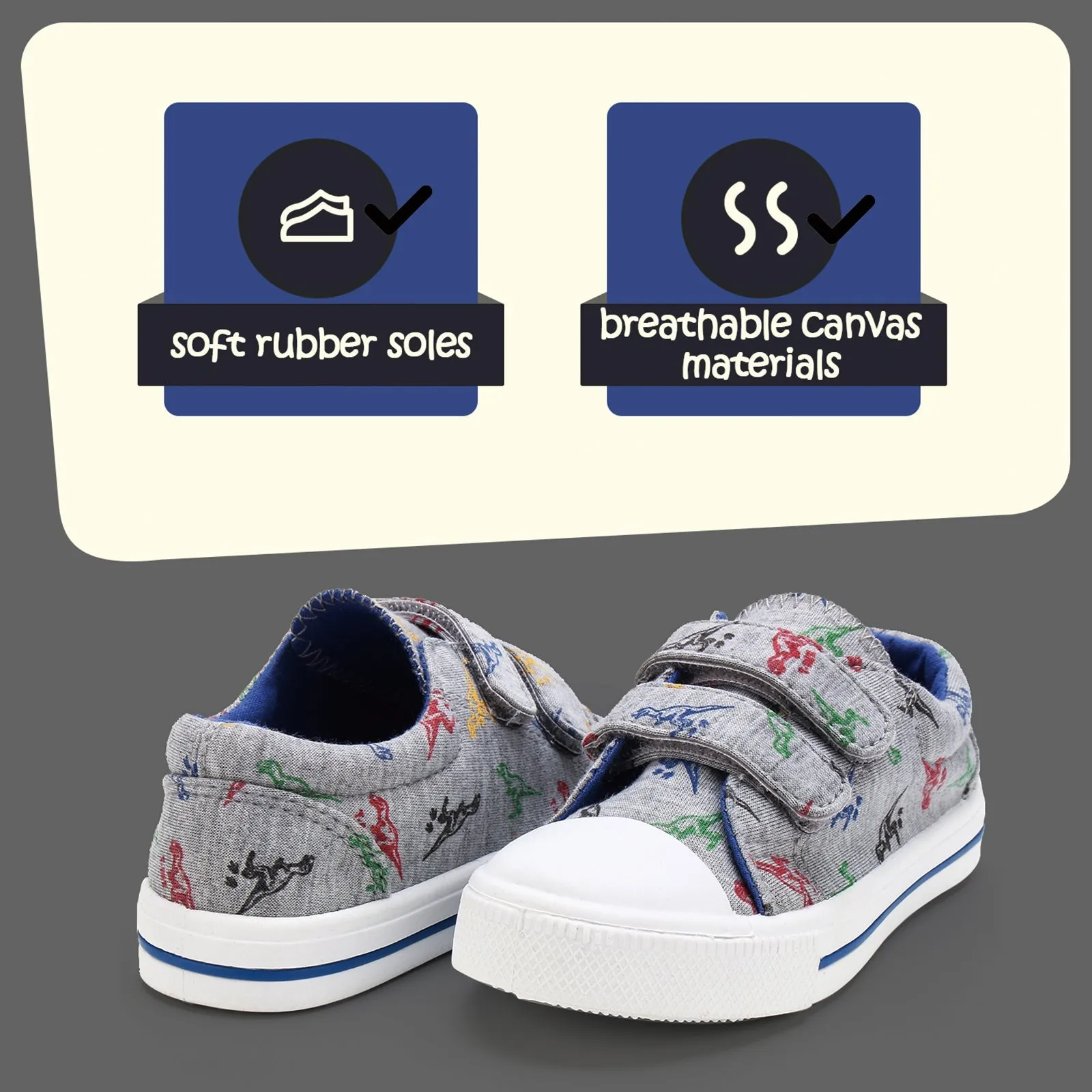 Cartoon Dinosaur Double Velcro Gray Canvas Sneakers