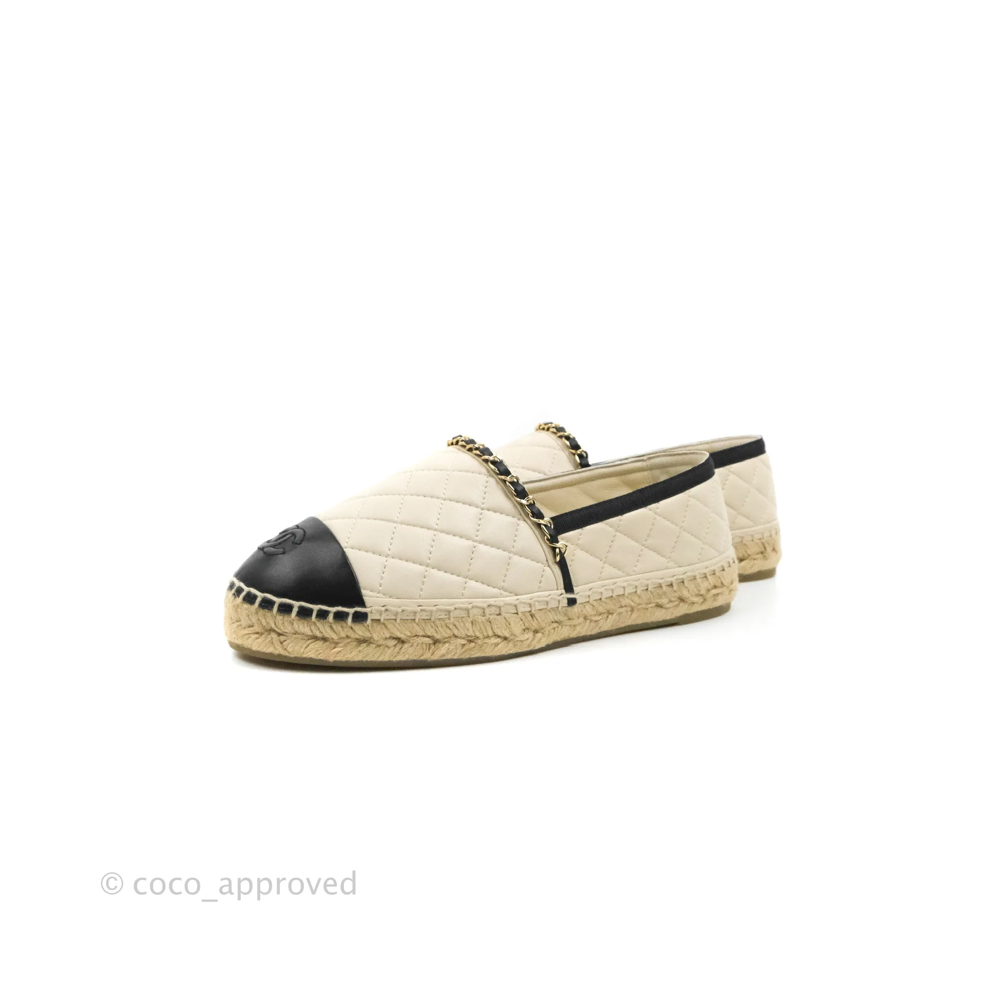 Chanel Quilted CC Espadrilles Ivory Black Lambskin Size 40