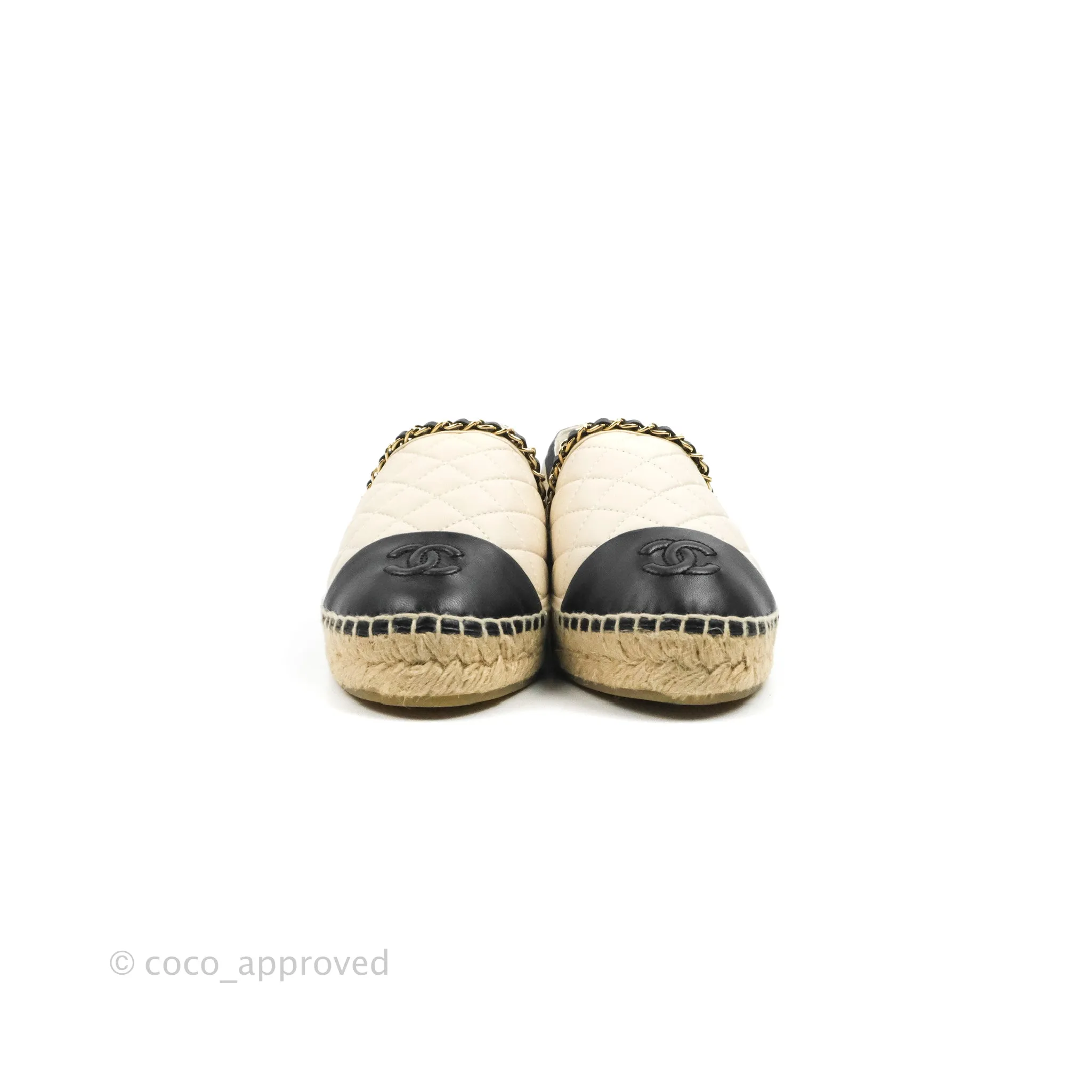 Chanel Quilted CC Espadrilles Ivory Black Lambskin Size 40