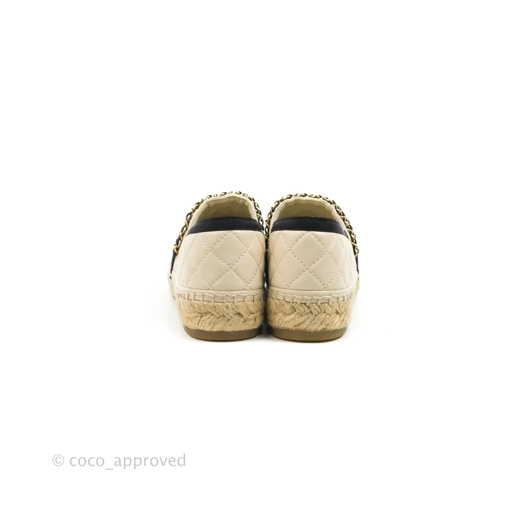 Chanel Quilted CC Espadrilles Ivory Black Lambskin Size 40