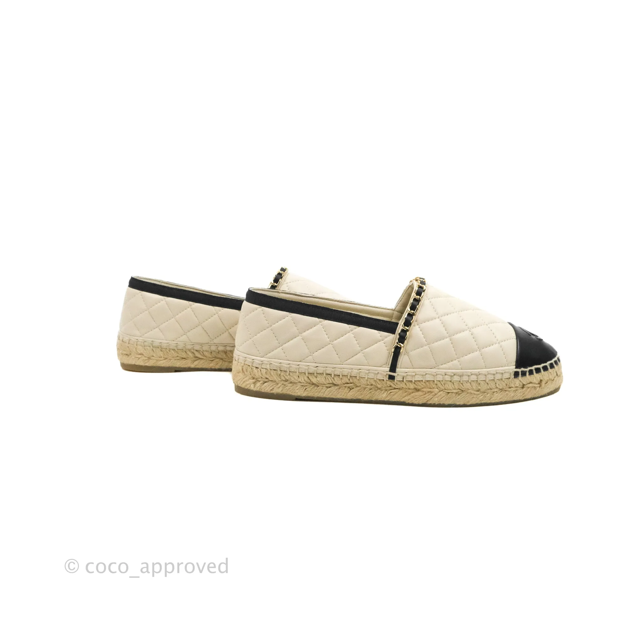 Chanel Quilted CC Espadrilles Ivory Black Lambskin Size 40