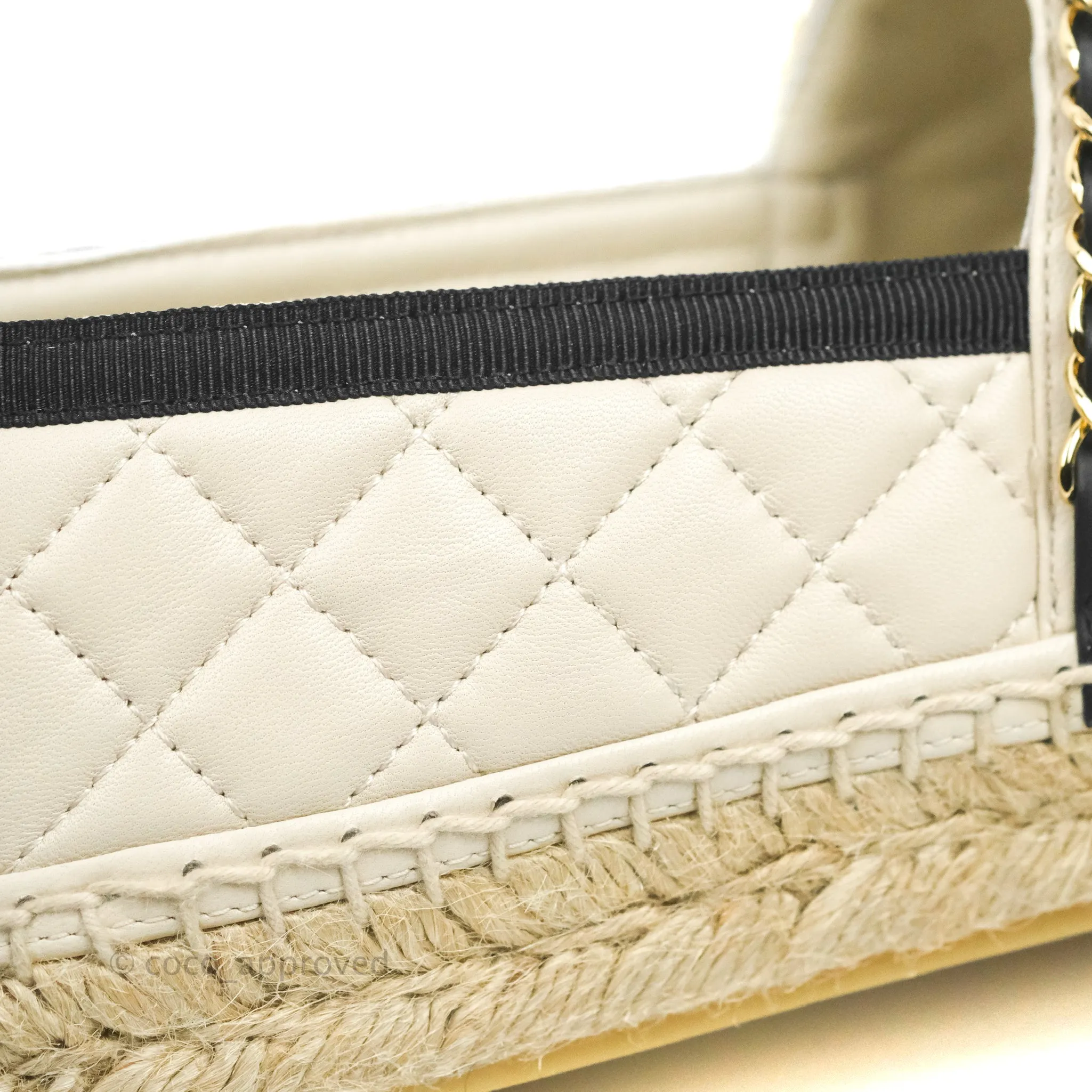 Chanel Quilted CC Espadrilles Ivory Black Lambskin Size 40