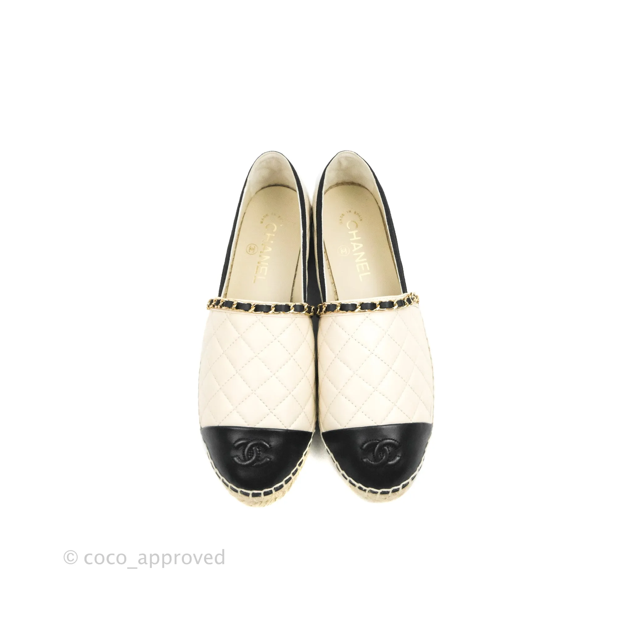 Chanel Quilted CC Espadrilles Ivory Black Lambskin Size 40