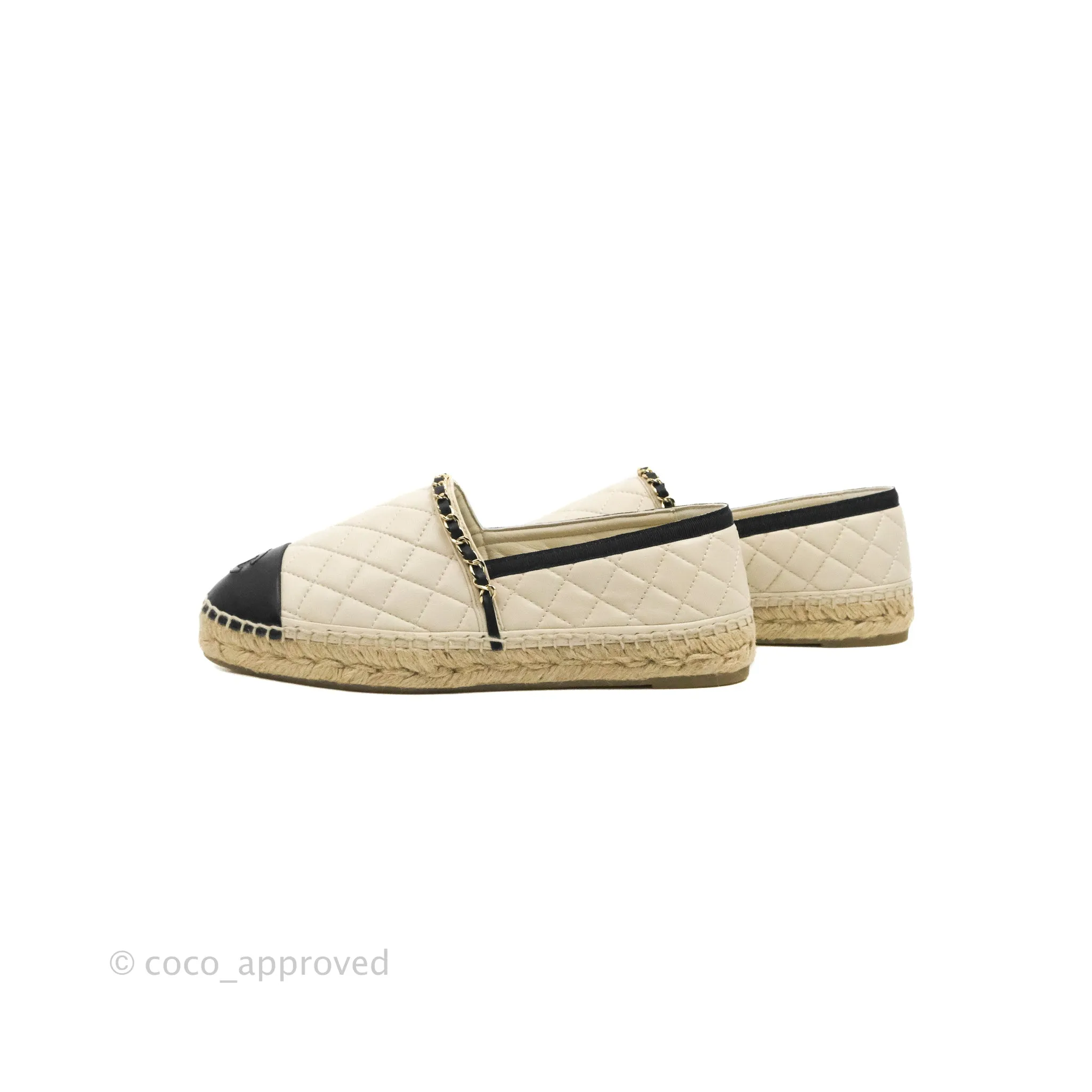 Chanel Quilted CC Espadrilles Ivory Black Lambskin Size 40