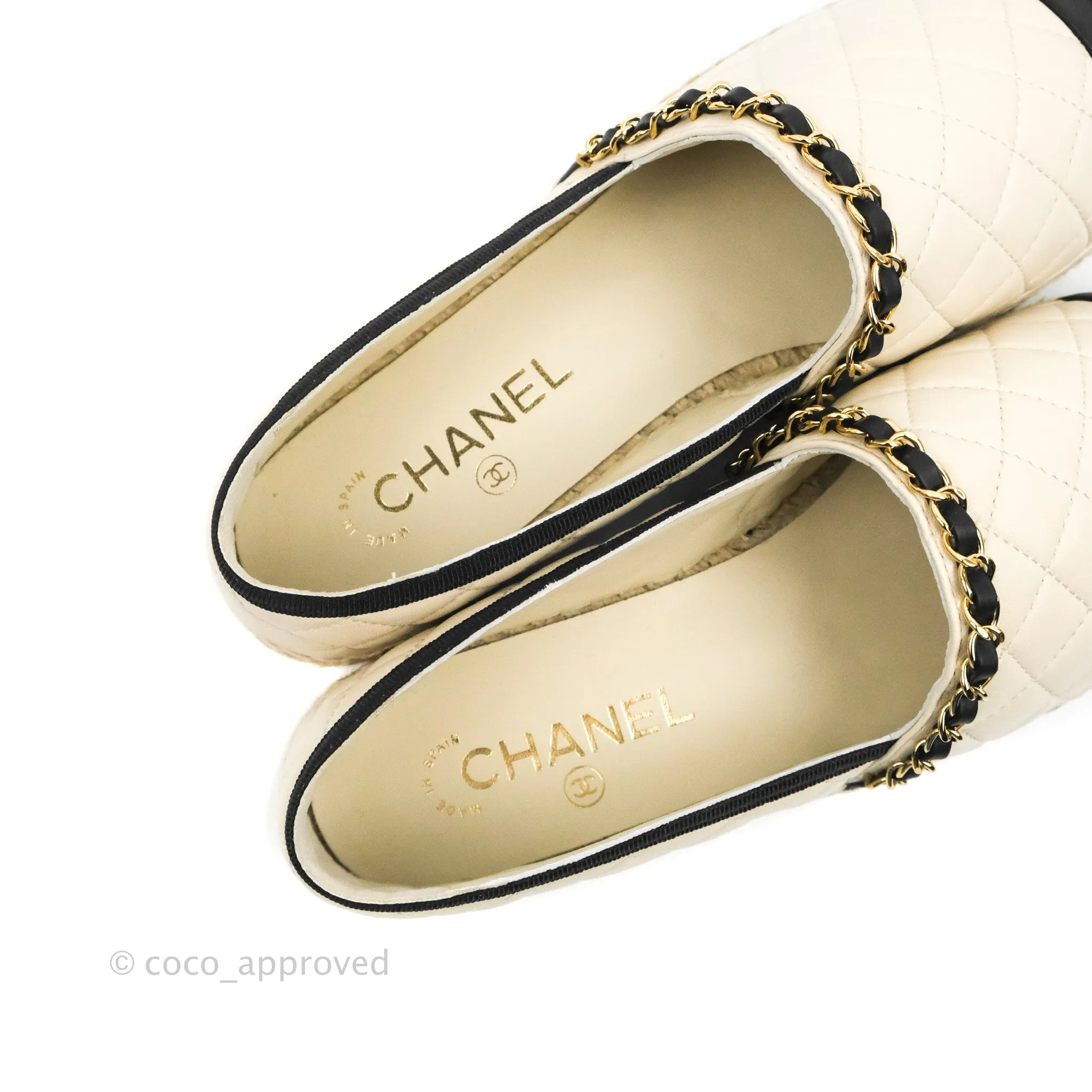 Chanel Quilted CC Espadrilles Ivory Black Lambskin Size 40