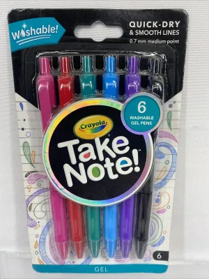 Crayola Take Note Washable Gel Pens 6 Pens Quick Dry 0.7mm Medium Point