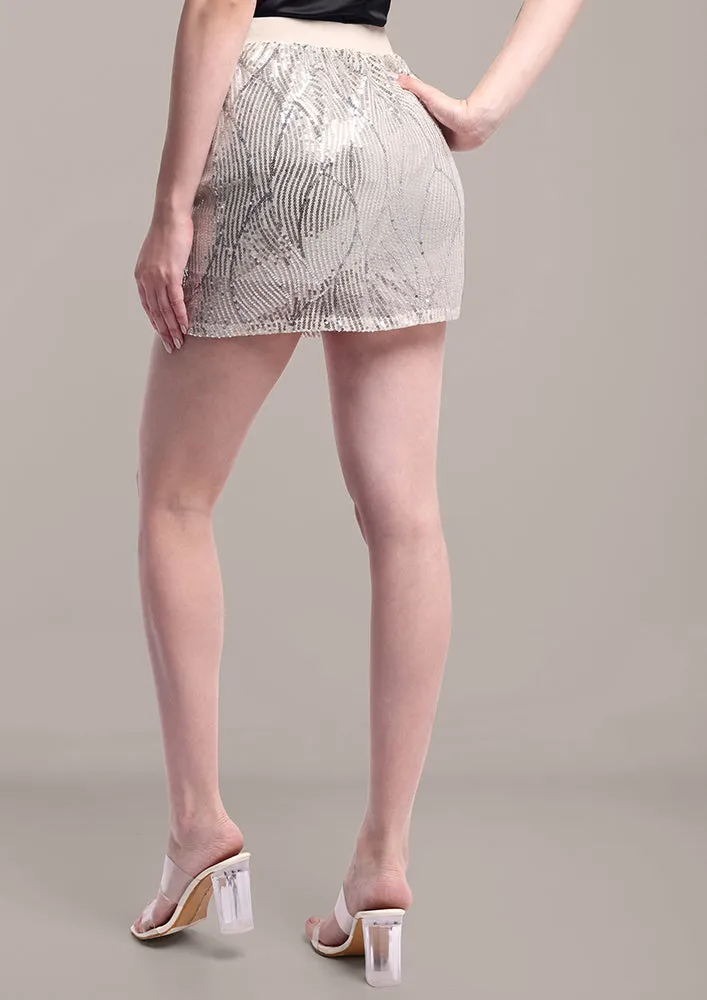 Cream Sequin Mini Skirt with Elastic Waistband