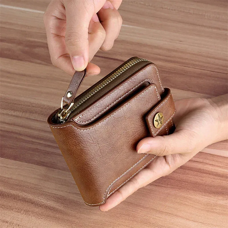Durable PU Leather Men's Short Zipper Wallet