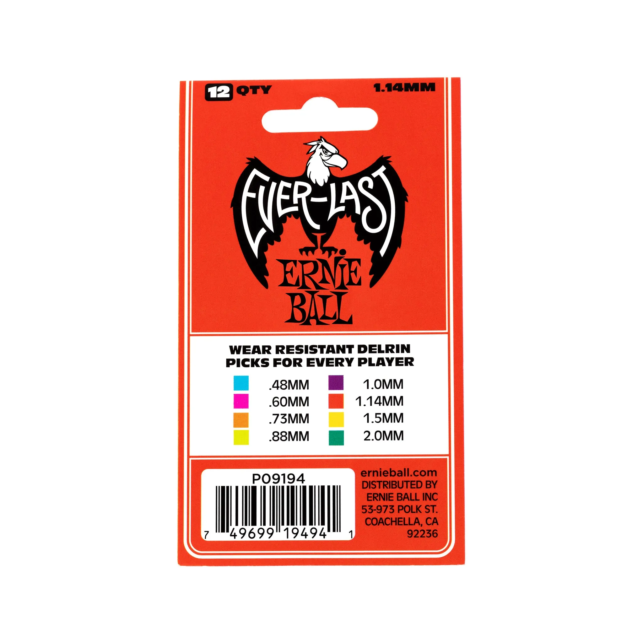 Ernie Ball Everlast Delrin 1.14mm Guitar Picks, Red, 12-Pack