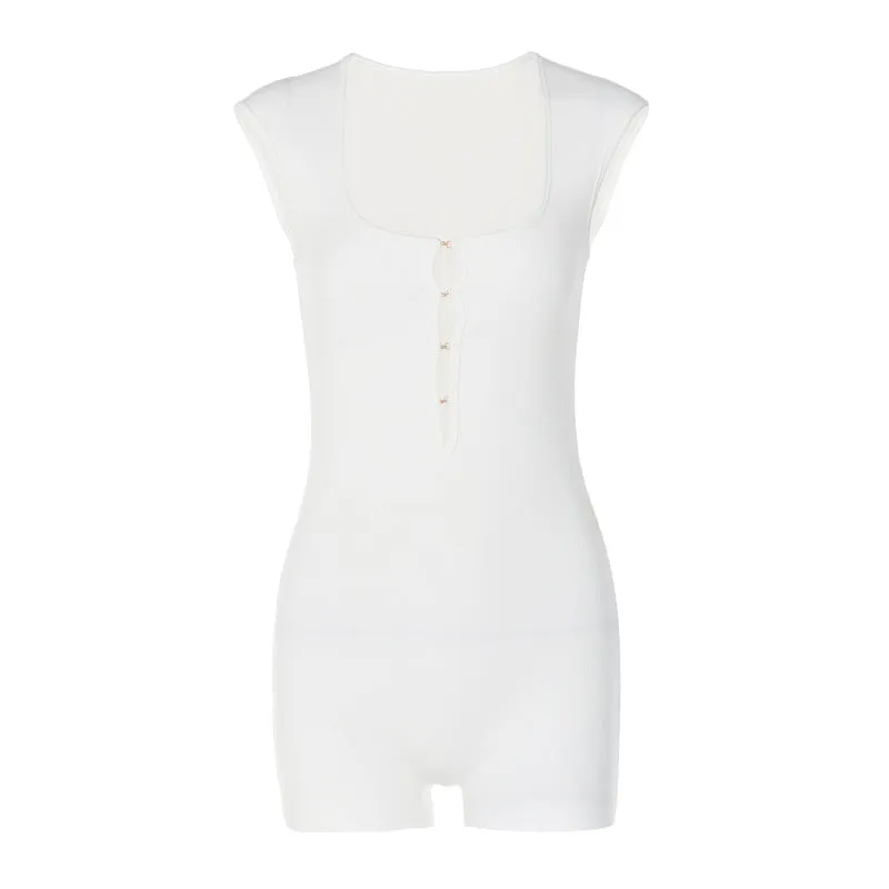 European And American-Style2023Spring and Summer New Women's Clothing Sexy Cutout Metal Buckle Solid ColorUWomen's Tight-Fitting Jumpsuit with Word Collar Wholesale