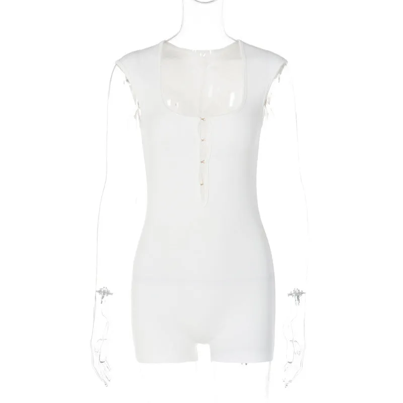 European And American-Style2023Spring and Summer New Women's Clothing Sexy Cutout Metal Buckle Solid ColorUWomen's Tight-Fitting Jumpsuit with Word Collar Wholesale