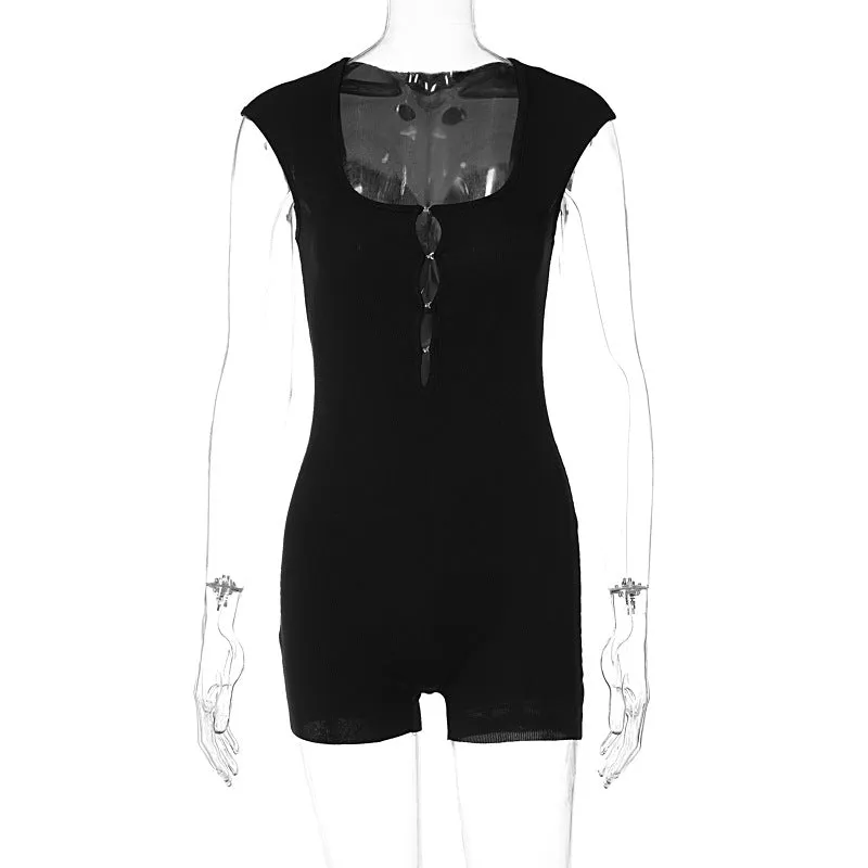 European And American-Style2023Spring and Summer New Women's Clothing Sexy Cutout Metal Buckle Solid ColorUWomen's Tight-Fitting Jumpsuit with Word Collar Wholesale