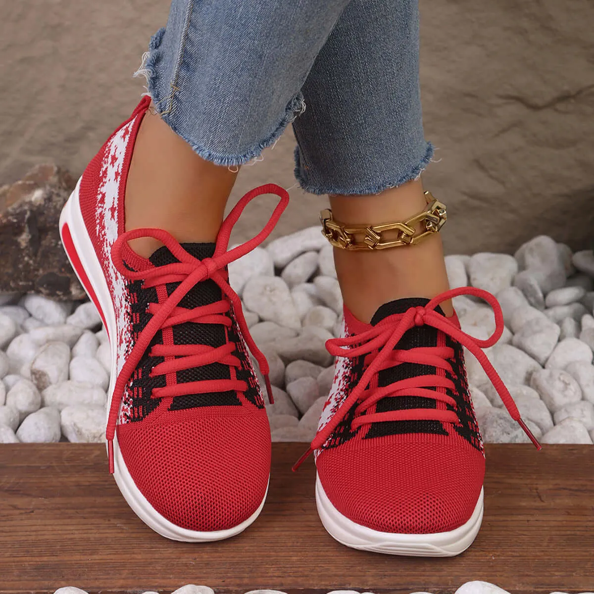 Fashion Lace-up Mesh Sneakers With Stars-printed Design Casual Thick Bottom Round Toe Flat Shoes For Women Non-slip Running Walking Sports Shoes