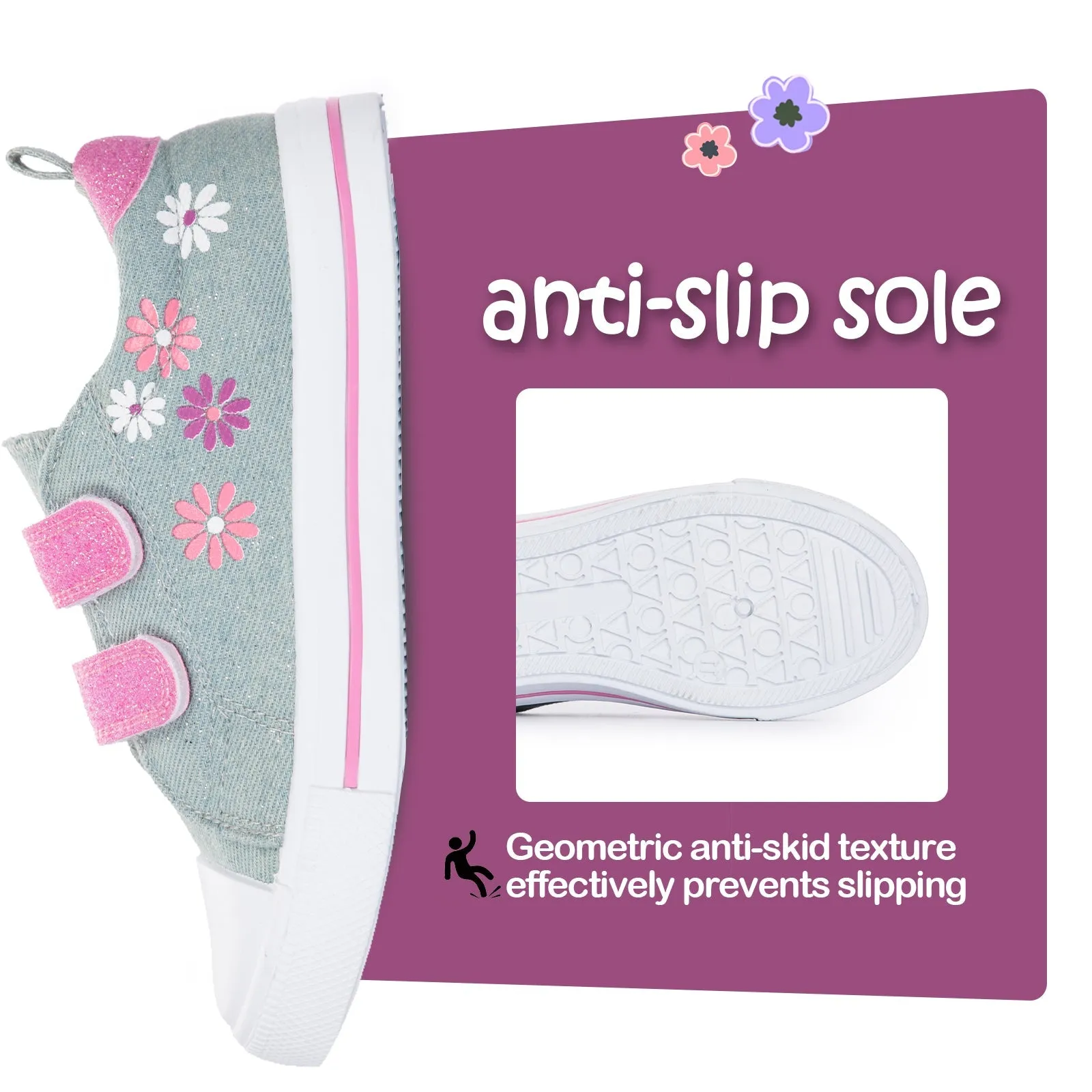 Floral Pattern Pink Velcro Strap Gray Sneakers