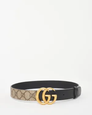 Gucci Black Leather and Beige Monogram Supreme Coated Canvas GG Marmont Belt - 75/30