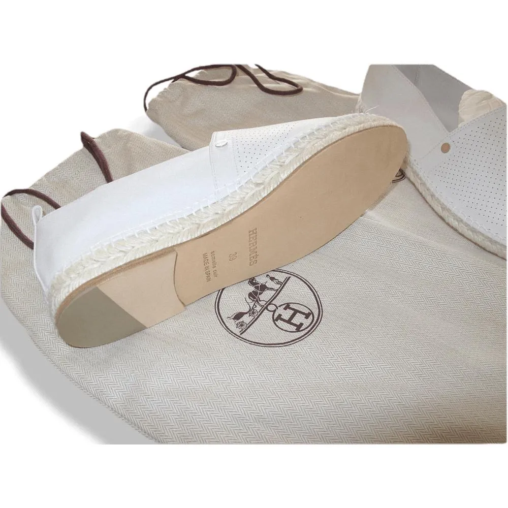 Hermes White Perforated Lambskin Nappa Eusebio Espadrilles Sneakers Unisex Shoes Sz39 New!