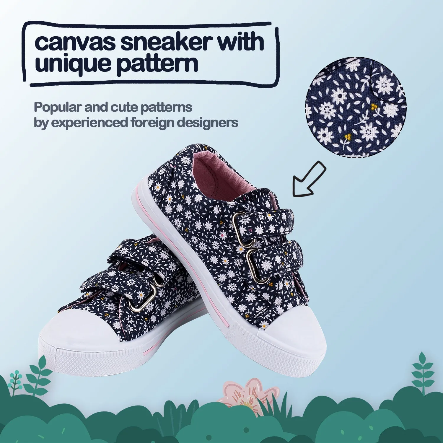Light Blue Floral Hook And Loop Sneakers