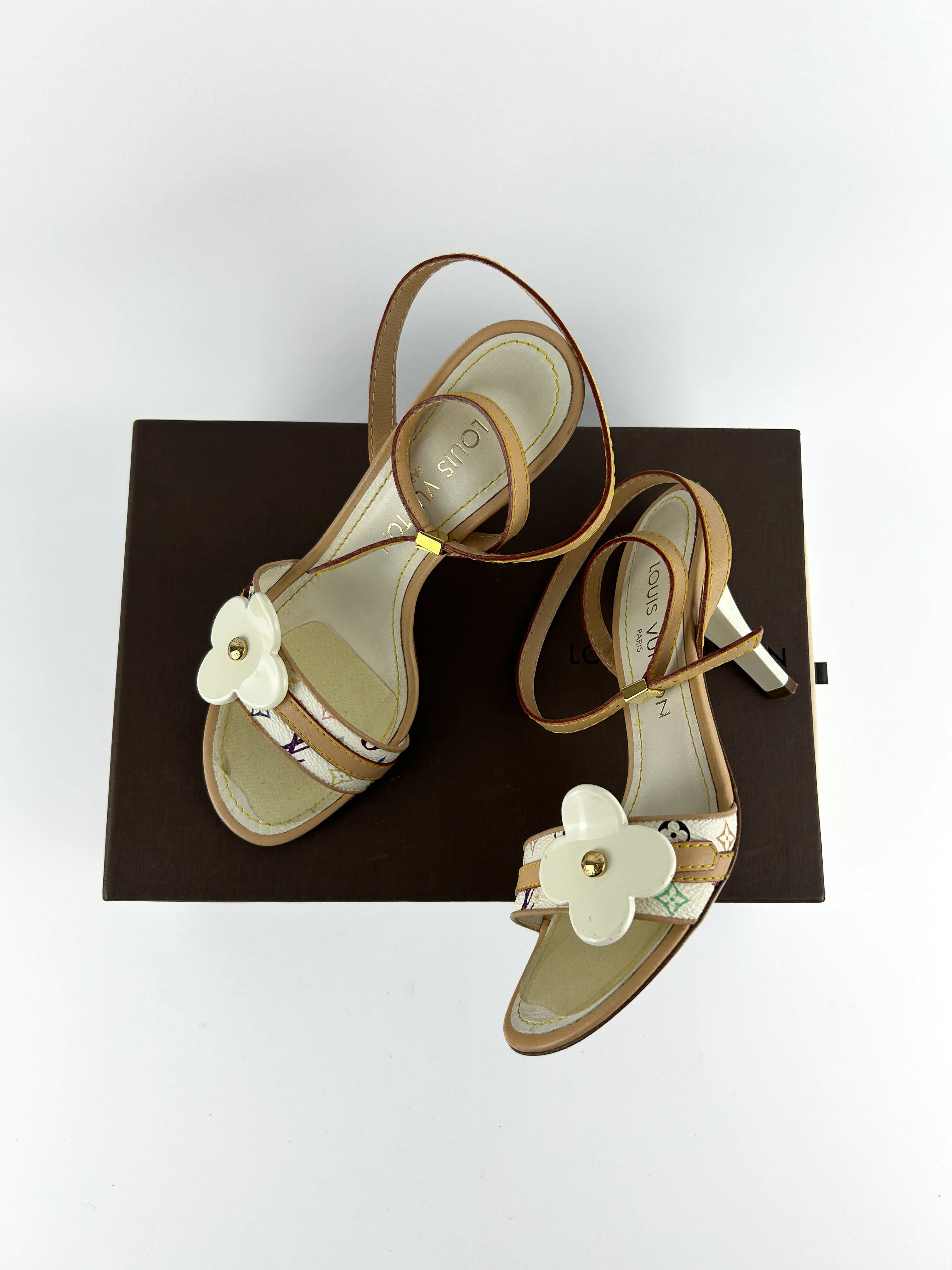 Louis Vuitton White Multicolour Monogram Ankle Strap Heels Sandals