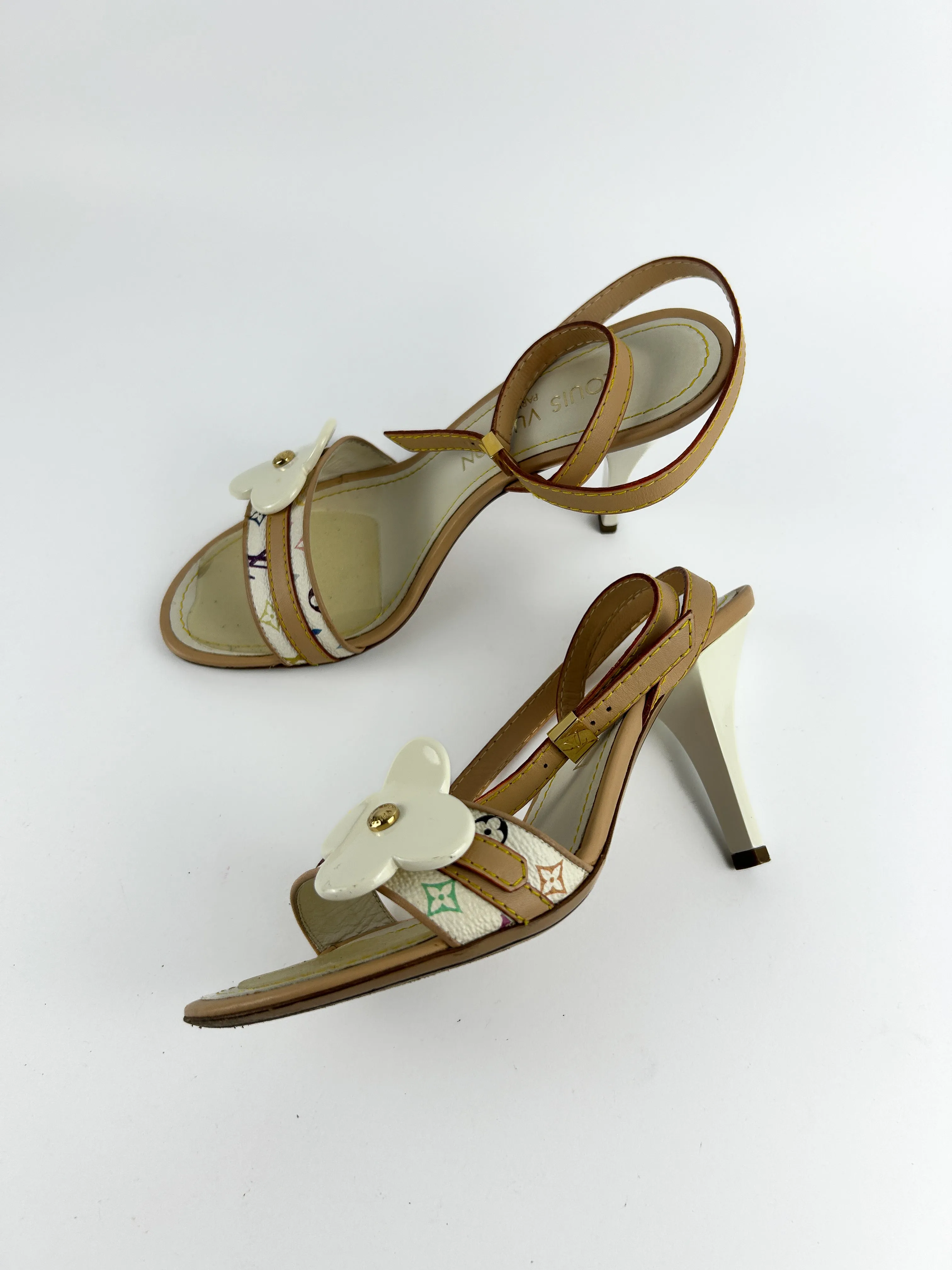 Louis Vuitton White Multicolour Monogram Ankle Strap Heels Sandals