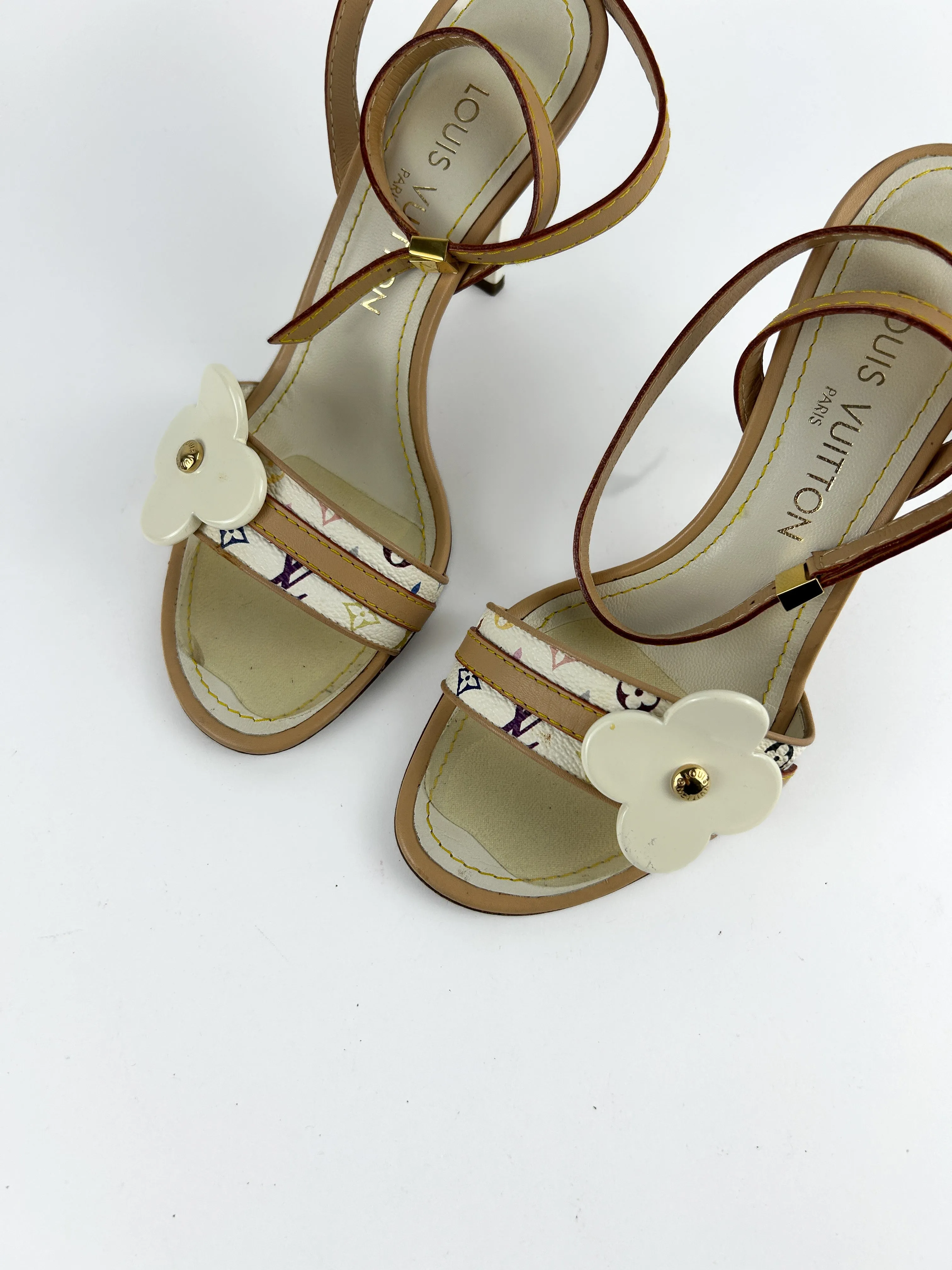 Louis Vuitton White Multicolour Monogram Ankle Strap Heels Sandals