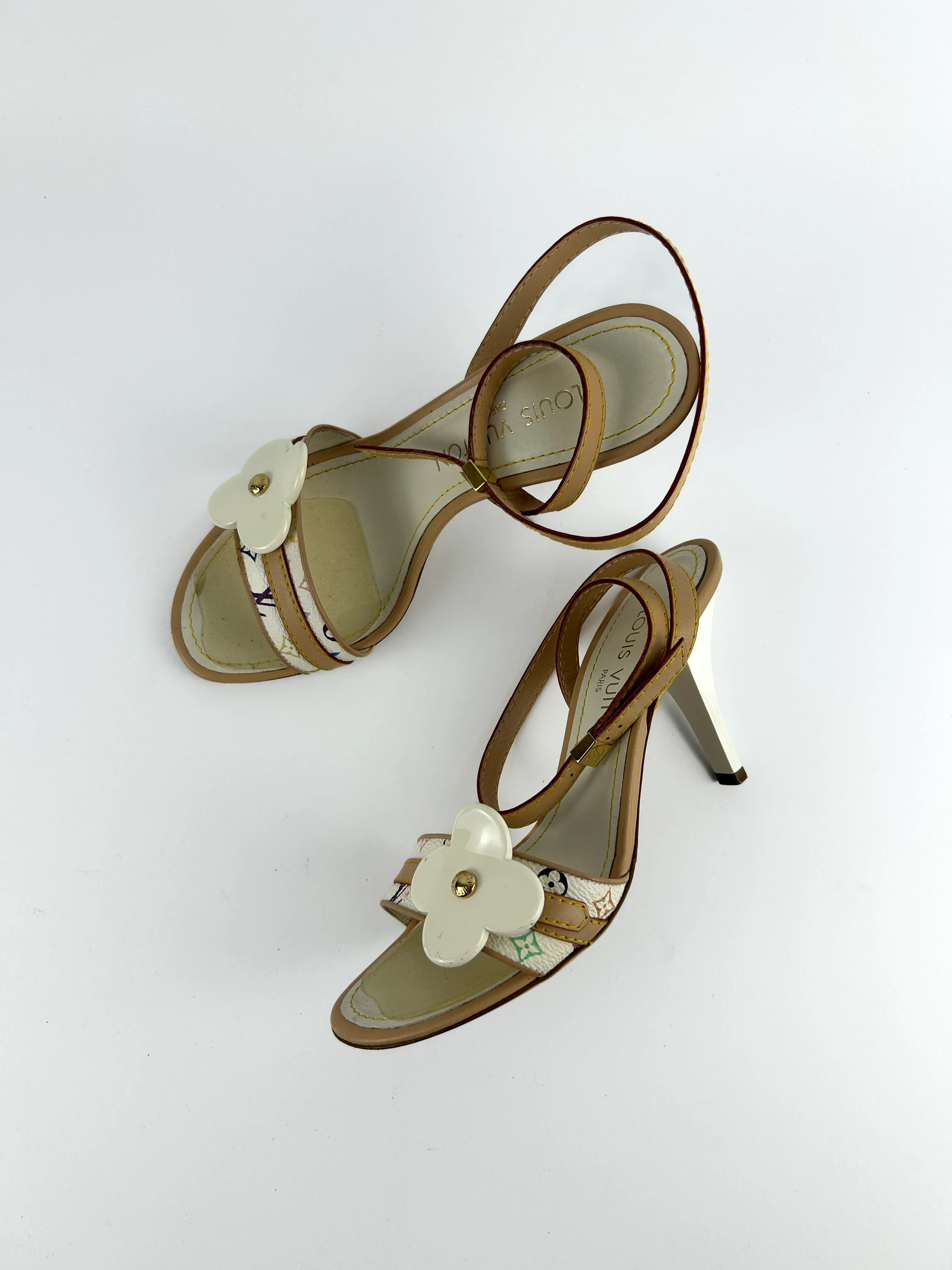 Louis Vuitton White Multicolour Monogram Ankle Strap Heels Sandals