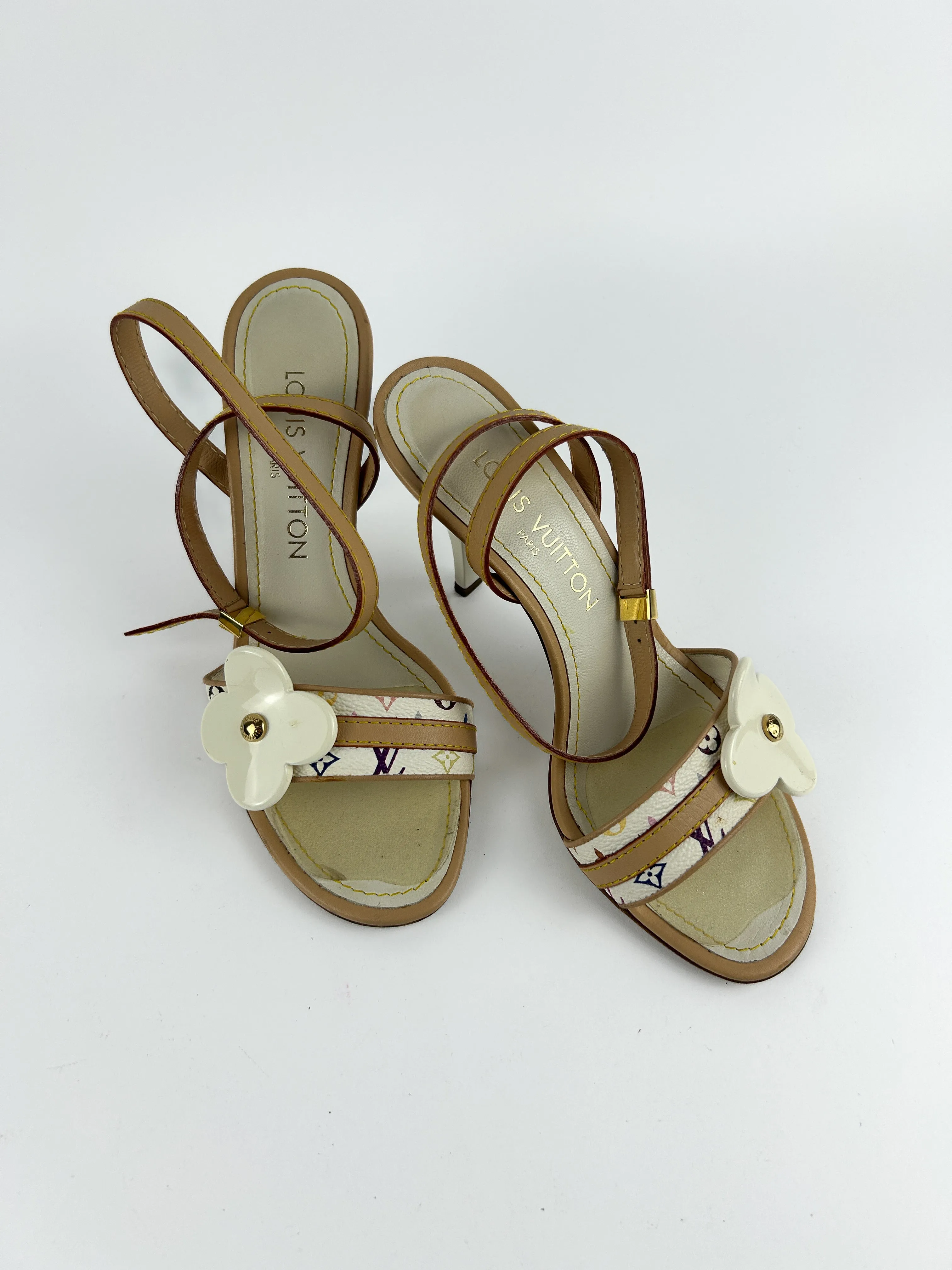 Louis Vuitton White Multicolour Monogram Ankle Strap Heels Sandals