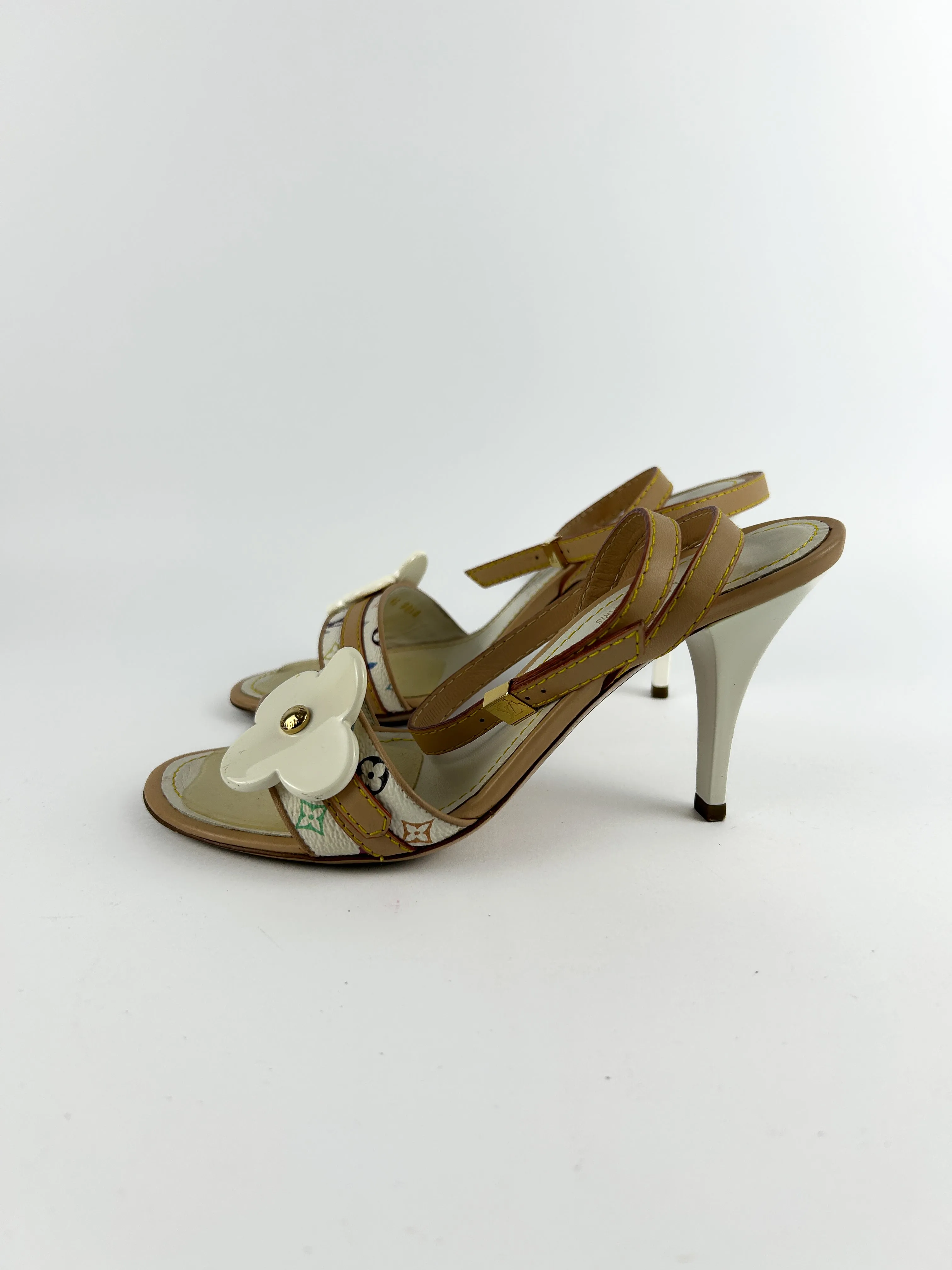 Louis Vuitton White Multicolour Monogram Ankle Strap Heels Sandals