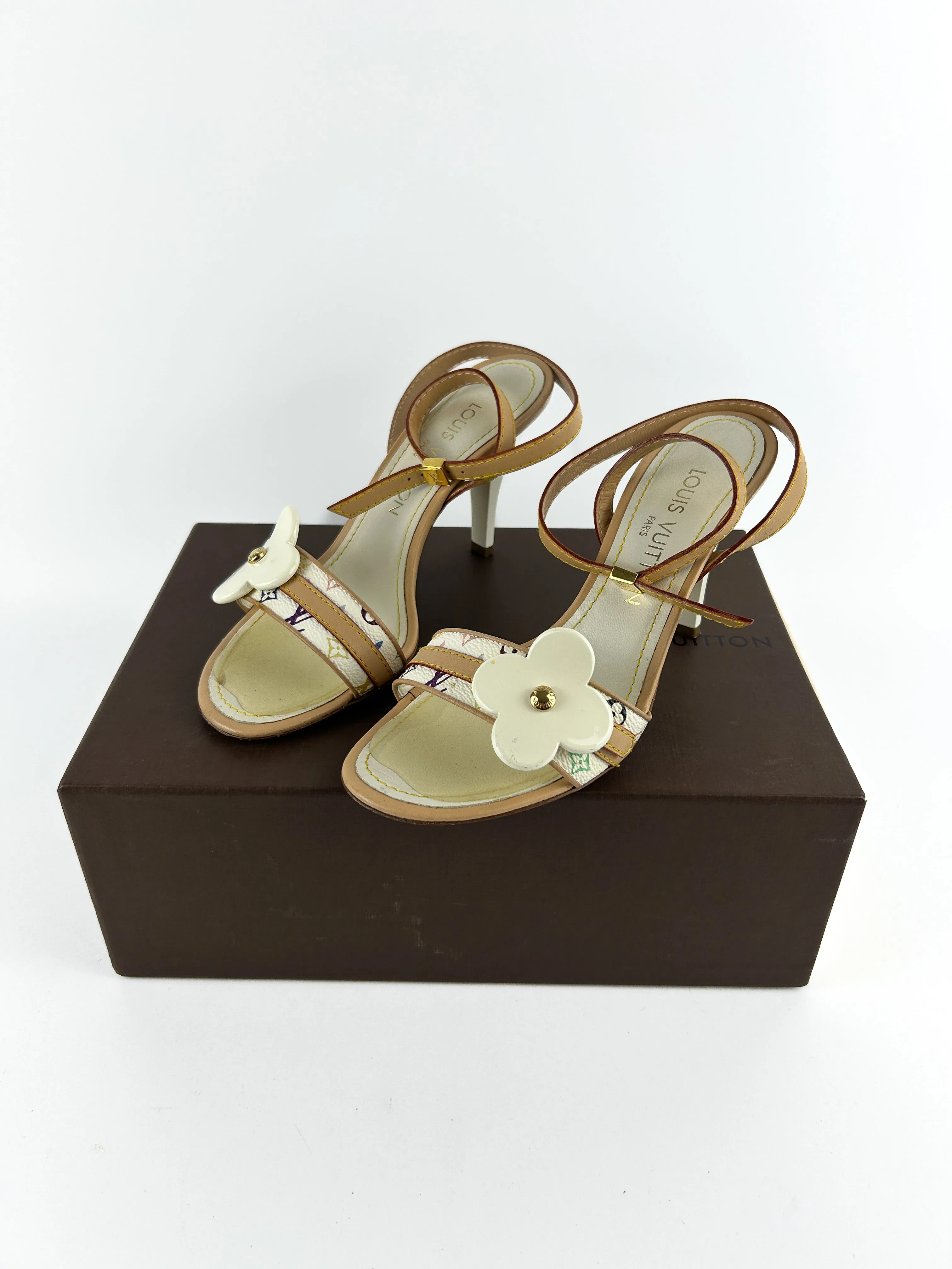Louis Vuitton White Multicolour Monogram Ankle Strap Heels Sandals