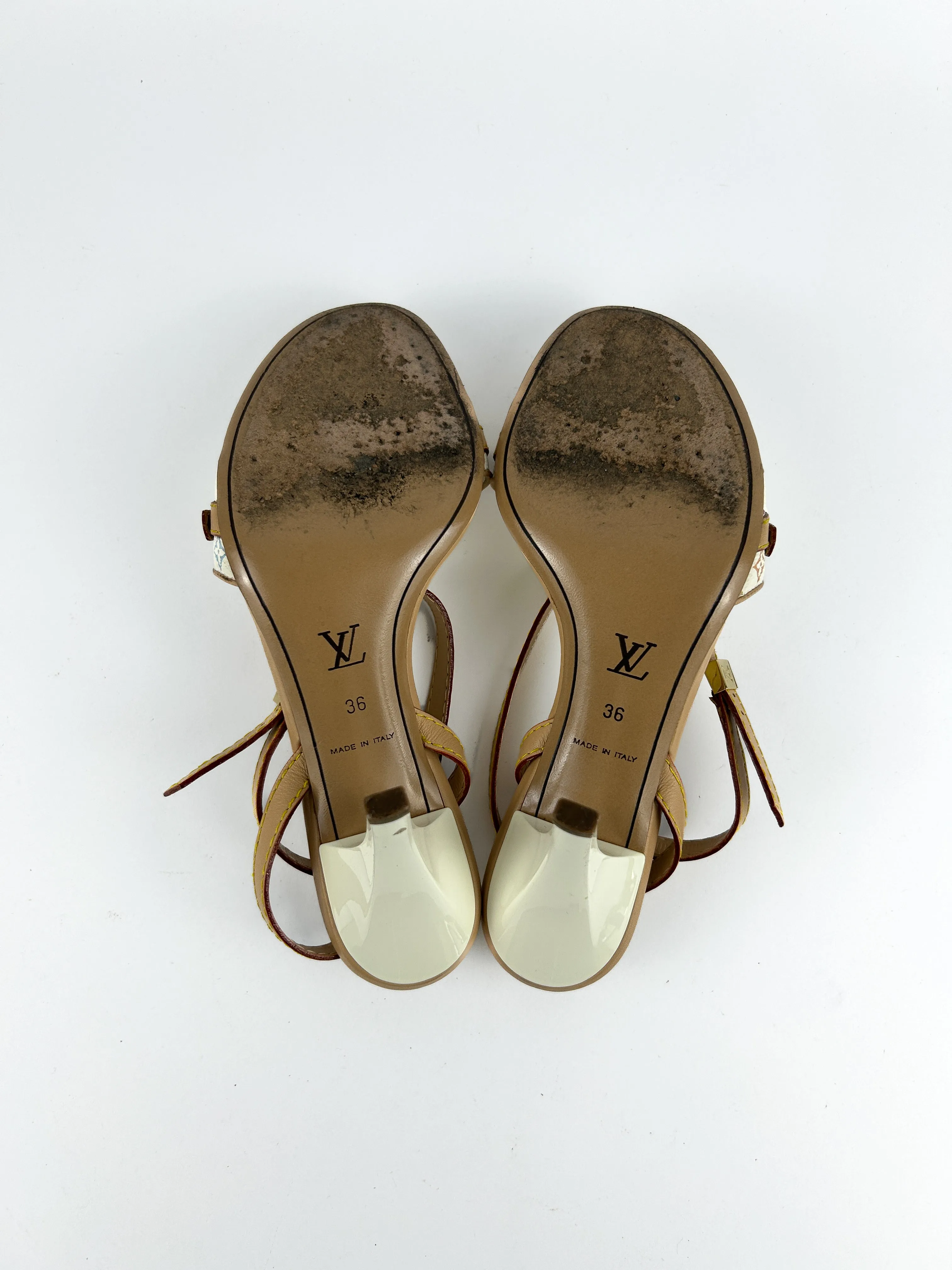 Louis Vuitton White Multicolour Monogram Ankle Strap Heels Sandals