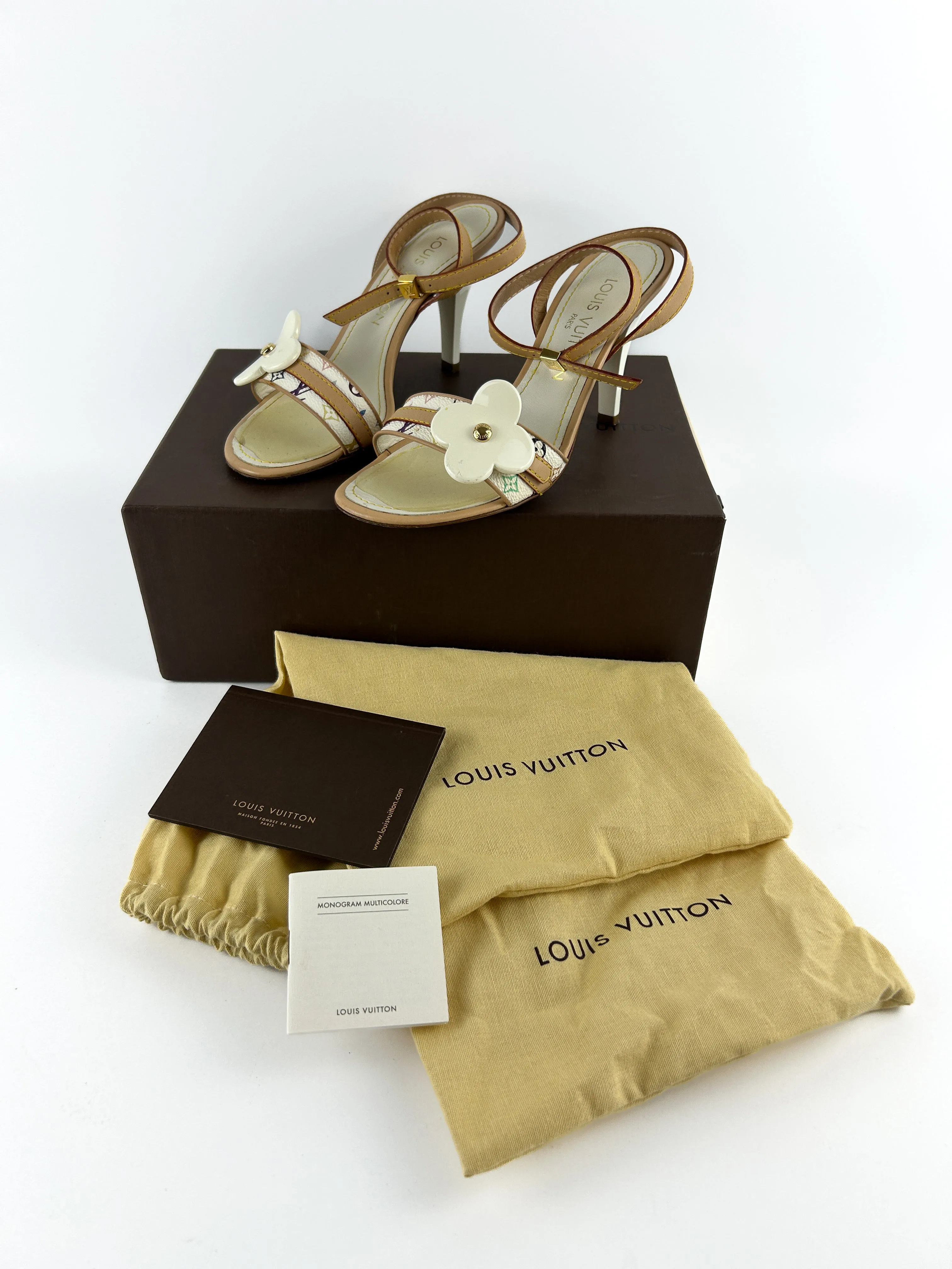 Louis Vuitton White Multicolour Monogram Ankle Strap Heels Sandals
