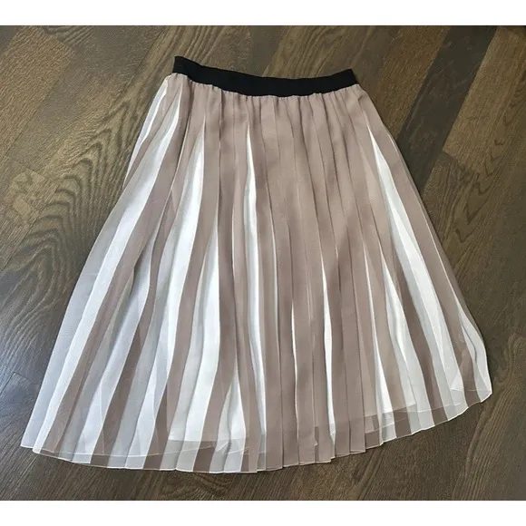 Marella Accordion Silky Pleated Skirt Two-tone White Brown Midi sz M