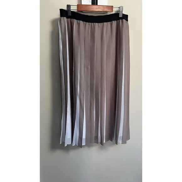 Marella Accordion Silky Pleated Skirt Two-tone White Brown Midi sz M
