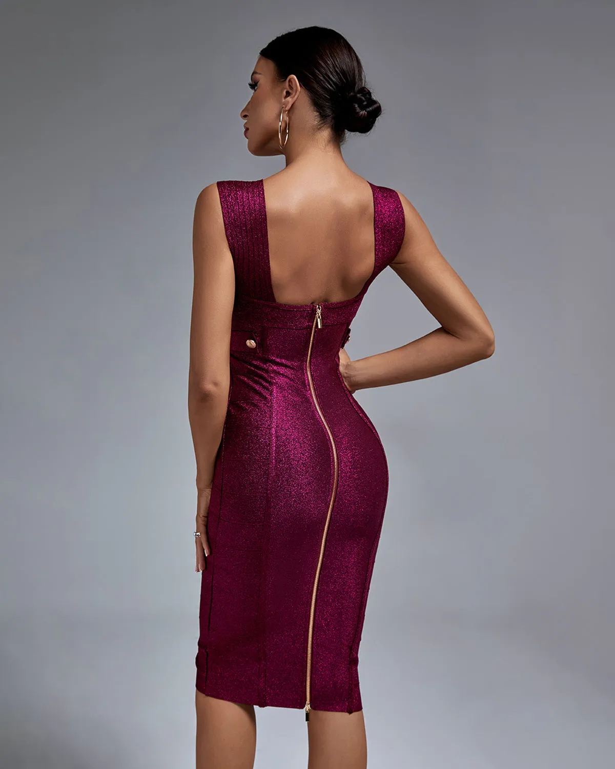 Metal Ornamental Buckle Midi Bandage Dress