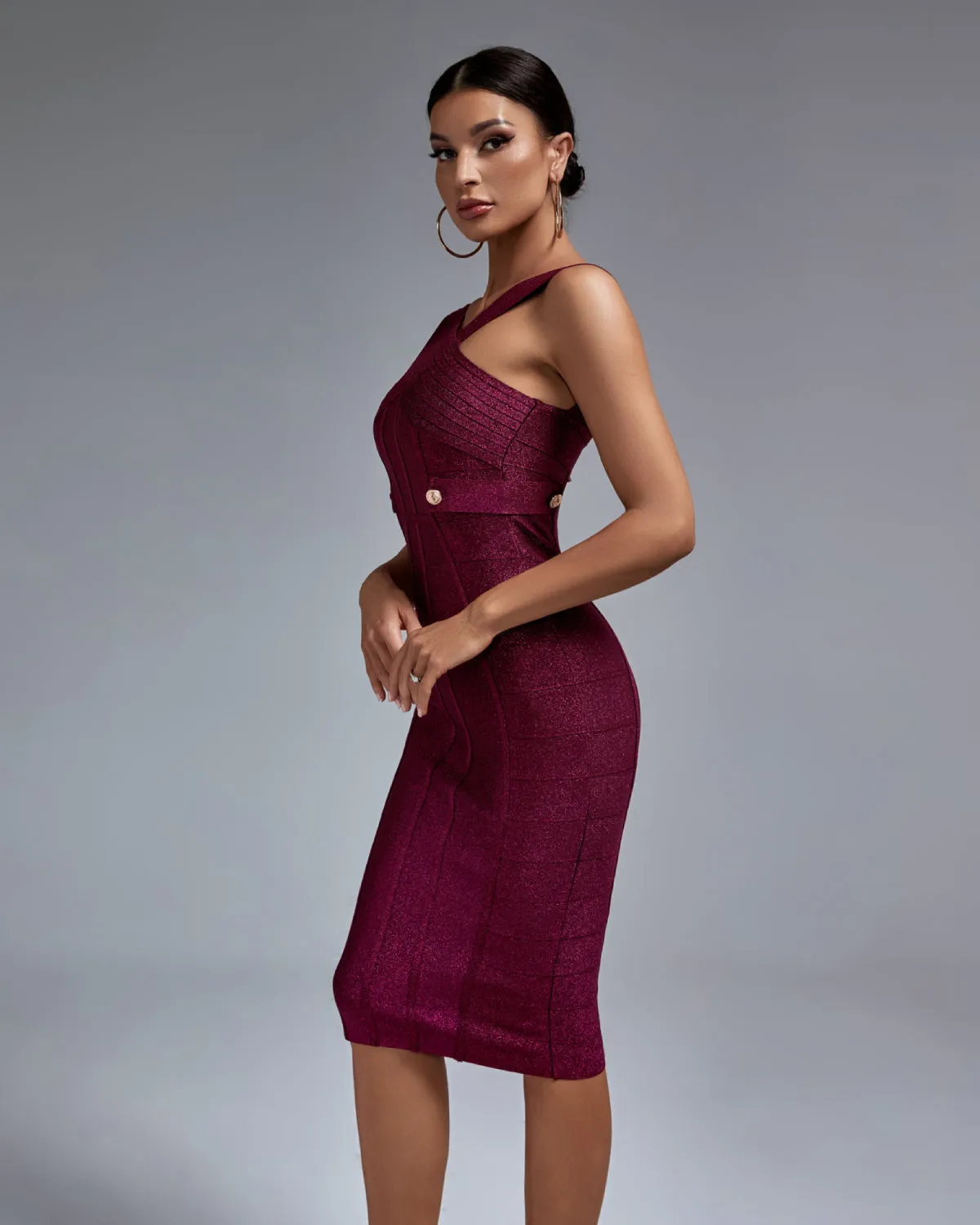 Metal Ornamental Buckle Midi Bandage Dress
