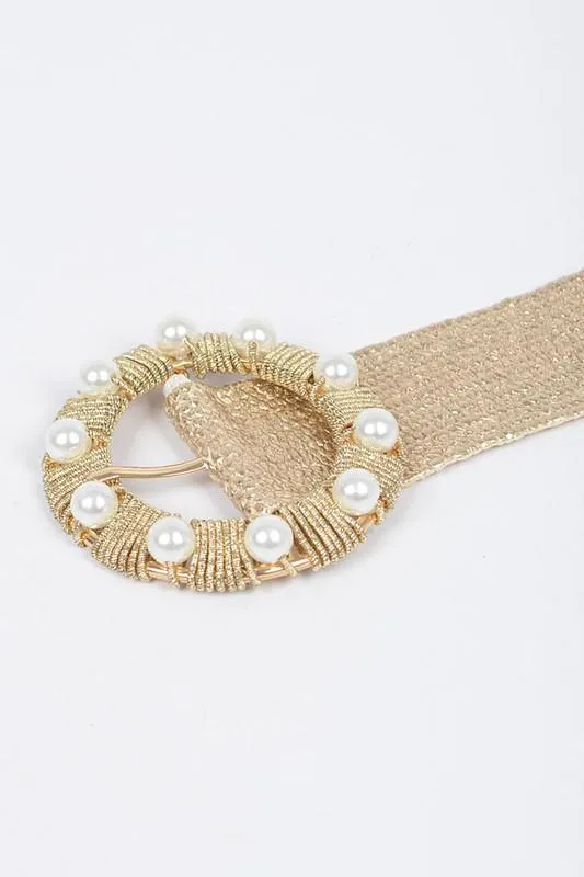 Metallic stretch belt with pearl buckle
